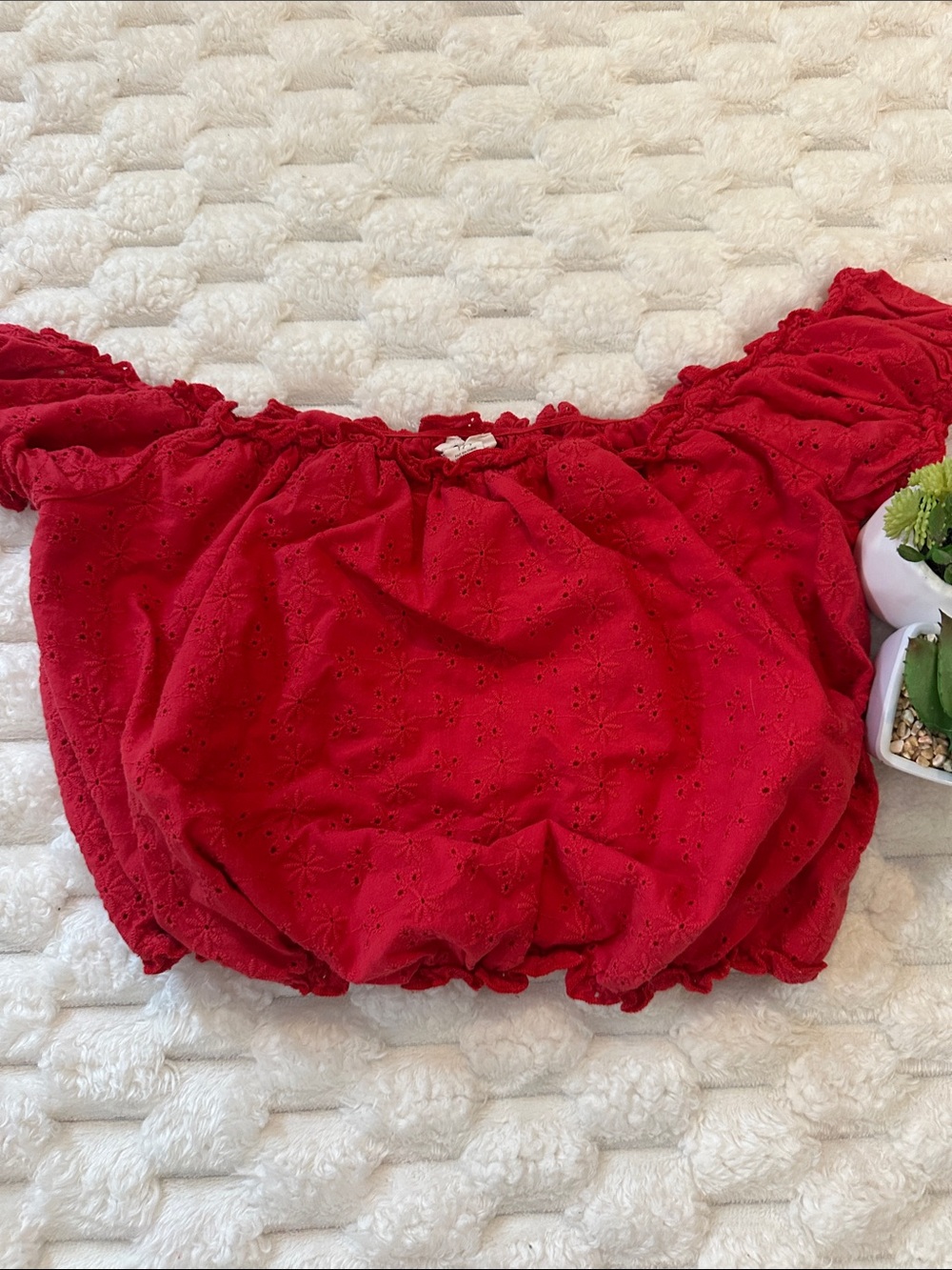 Garage Red Off-the-Shoulder Eyelet Crop Top